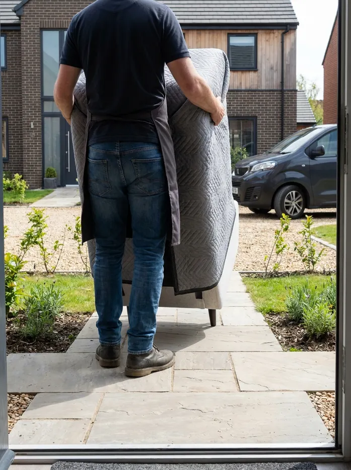 A Doncaster Refurnish volunteer delivering a refurbished armchair to a local home