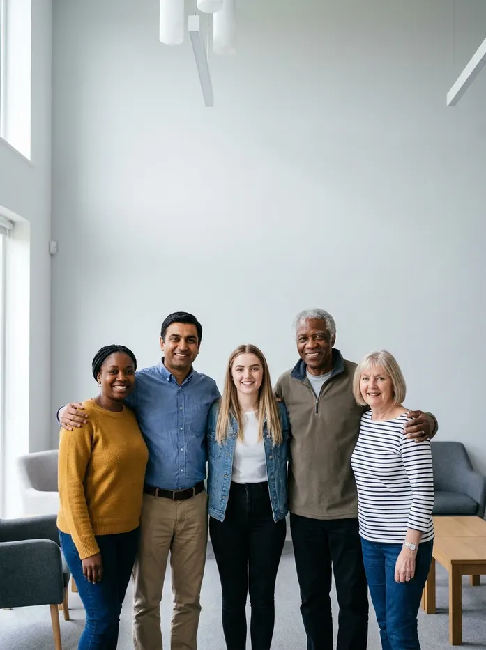 Five neighbours from across the Doncaster community standing together in a community room