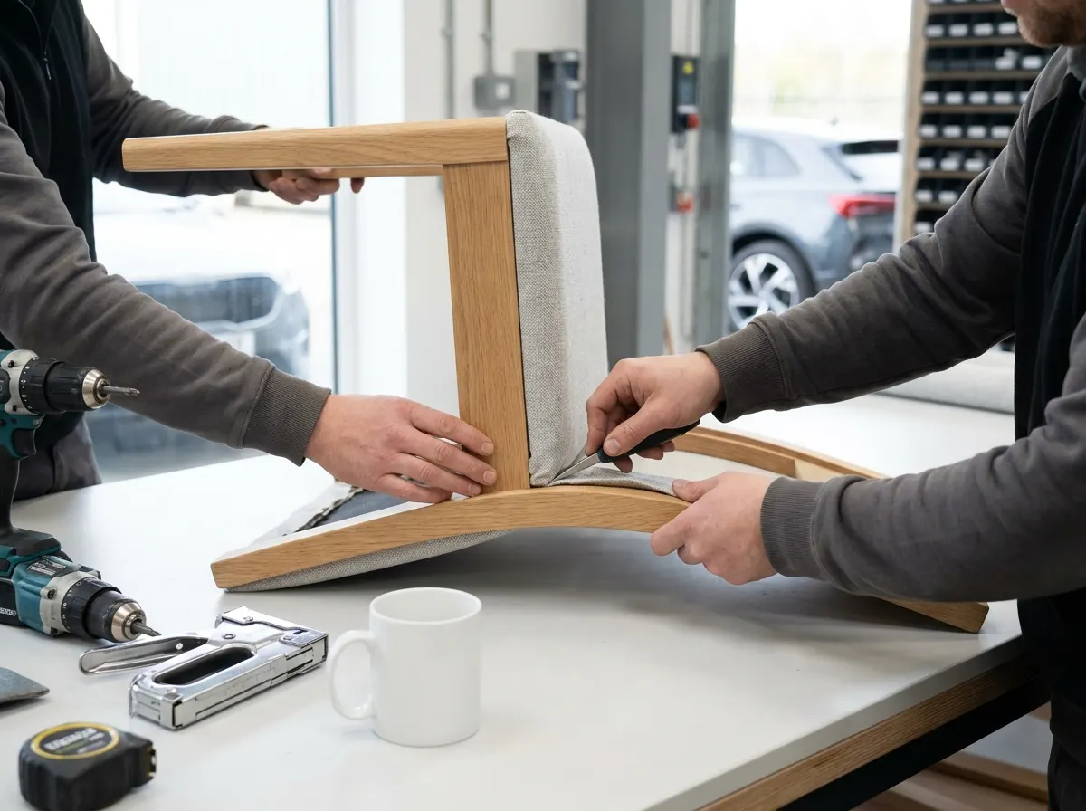 Two pairs of hands at a workbench re-covering a dining chair seat in sage fabric