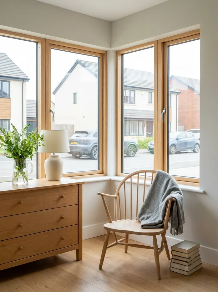 A restored oak chest of drawers, table lamp and spindle-back chair in a sunlit bay window